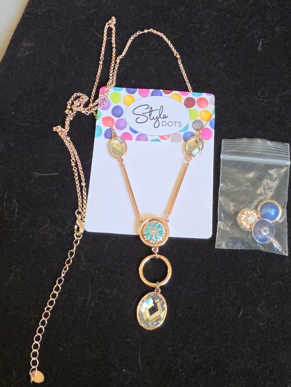 STYLE DOTS Long Rose Gold Turquoise Snap Pendant Necklace W 3 Extra Snaps